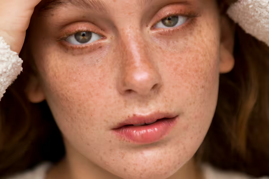 A woman with freckles and hyperpigmentation on her face